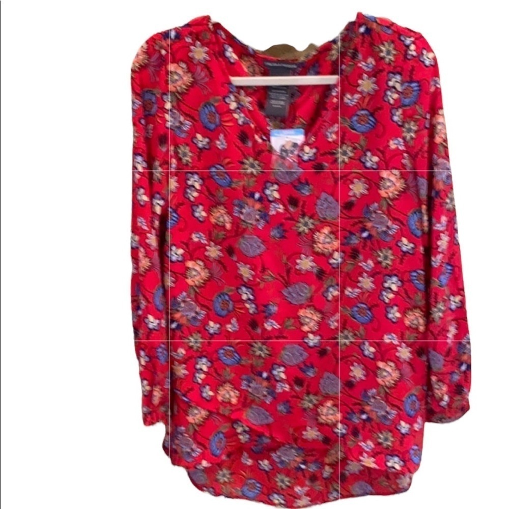 Chelsea and Theodore Floral Red long Sleeve V Neck blouse NWT’s SZ L